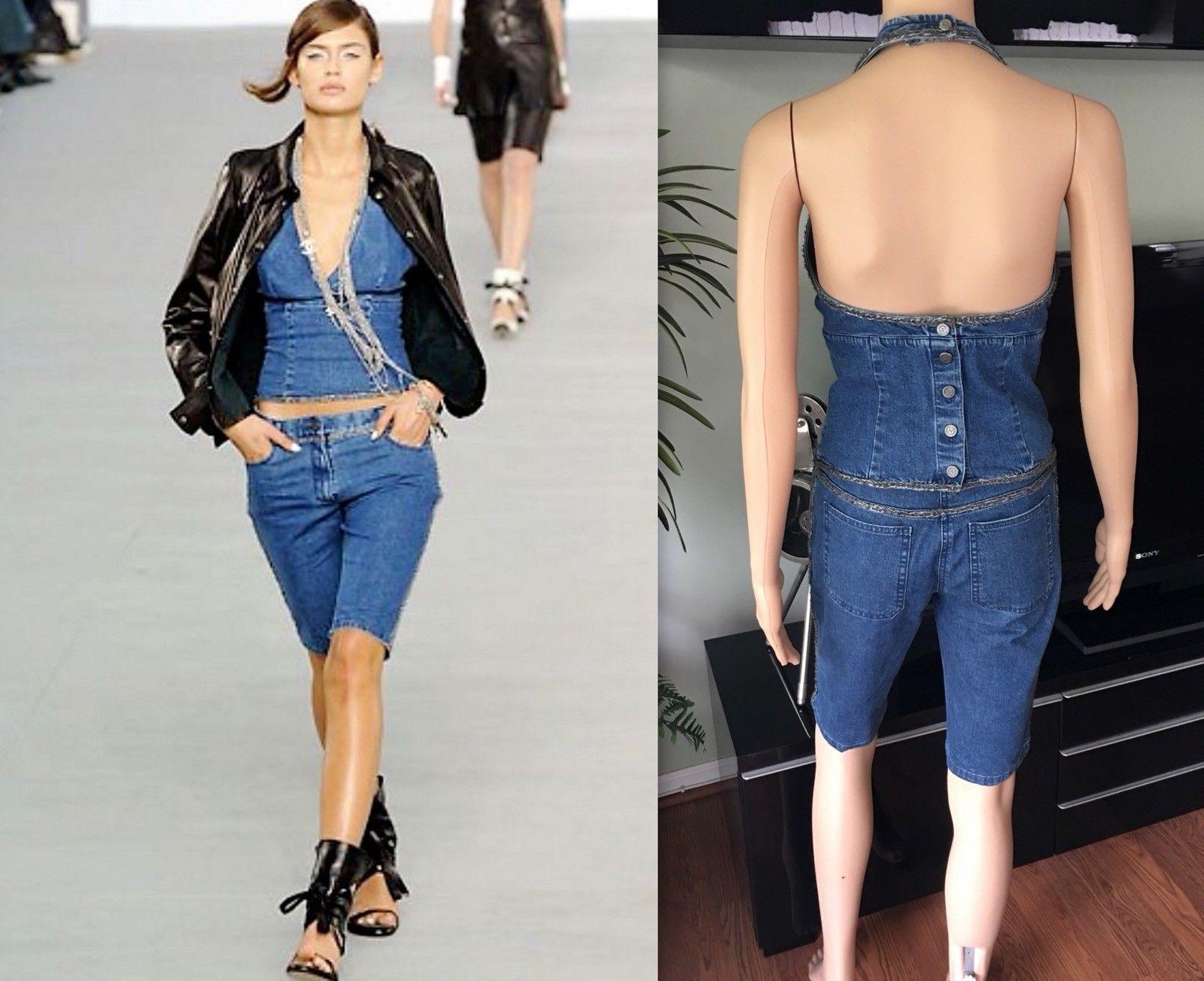 Chanel S/S 2006 Runway Denim Open Back Halter Top and Short Pants 2 Piece Set 1