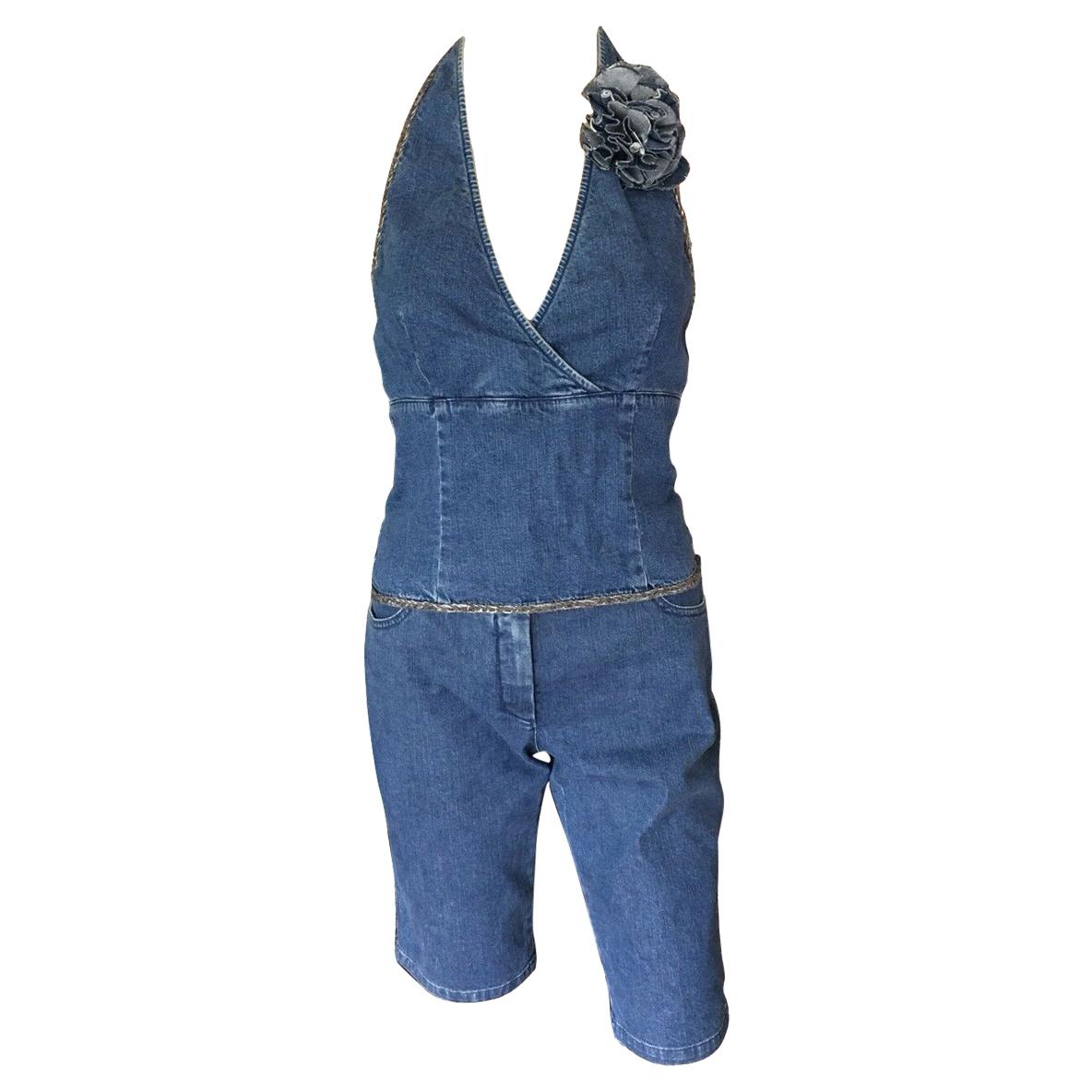 Chanel S/S 2006 Runway Denim Open Back Halter Top and Short Pants 2 Piece  Set at 1stDibs