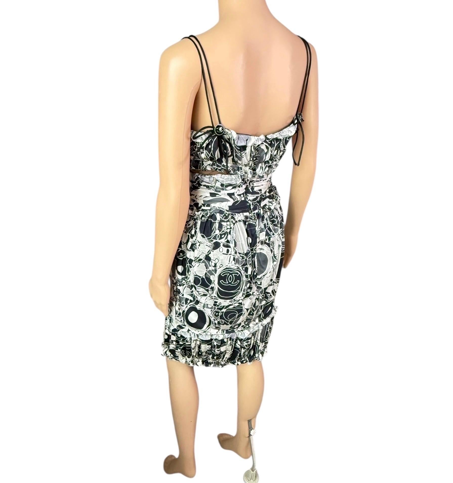 Chanel S/S 2008 CC Logo Monogram Print Cutout Mesh Ruffled Silk Mini Dress en vente 9