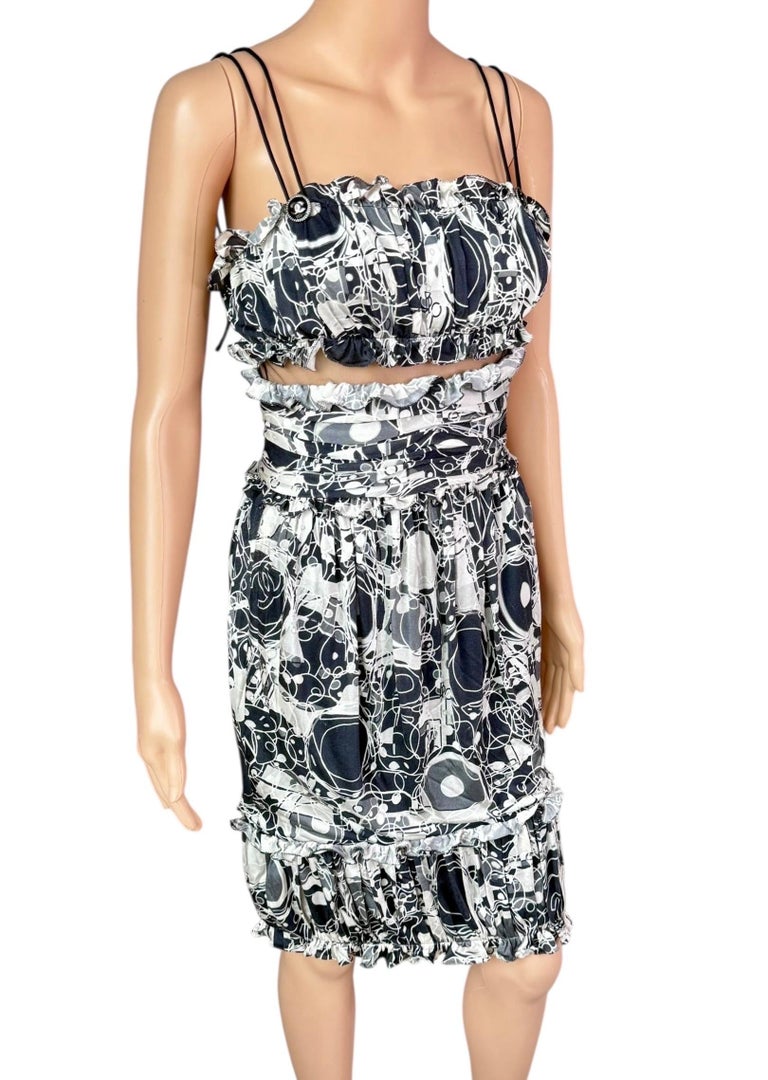 Chanel S/S 2008 CC Logo Monogram Print Cutout Mesh Ruffled Silk Mini Dress