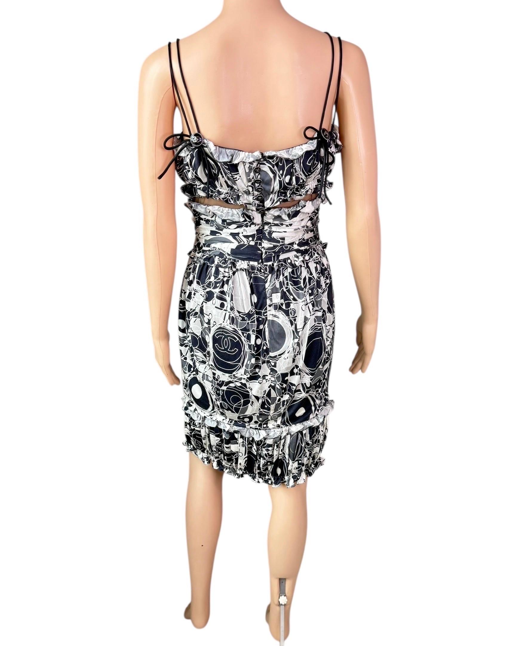 Chanel S/S 2008 CC Logo Monogram Print Cutout Mesh Ruffled Silk Mini Dress Pour femmes en vente