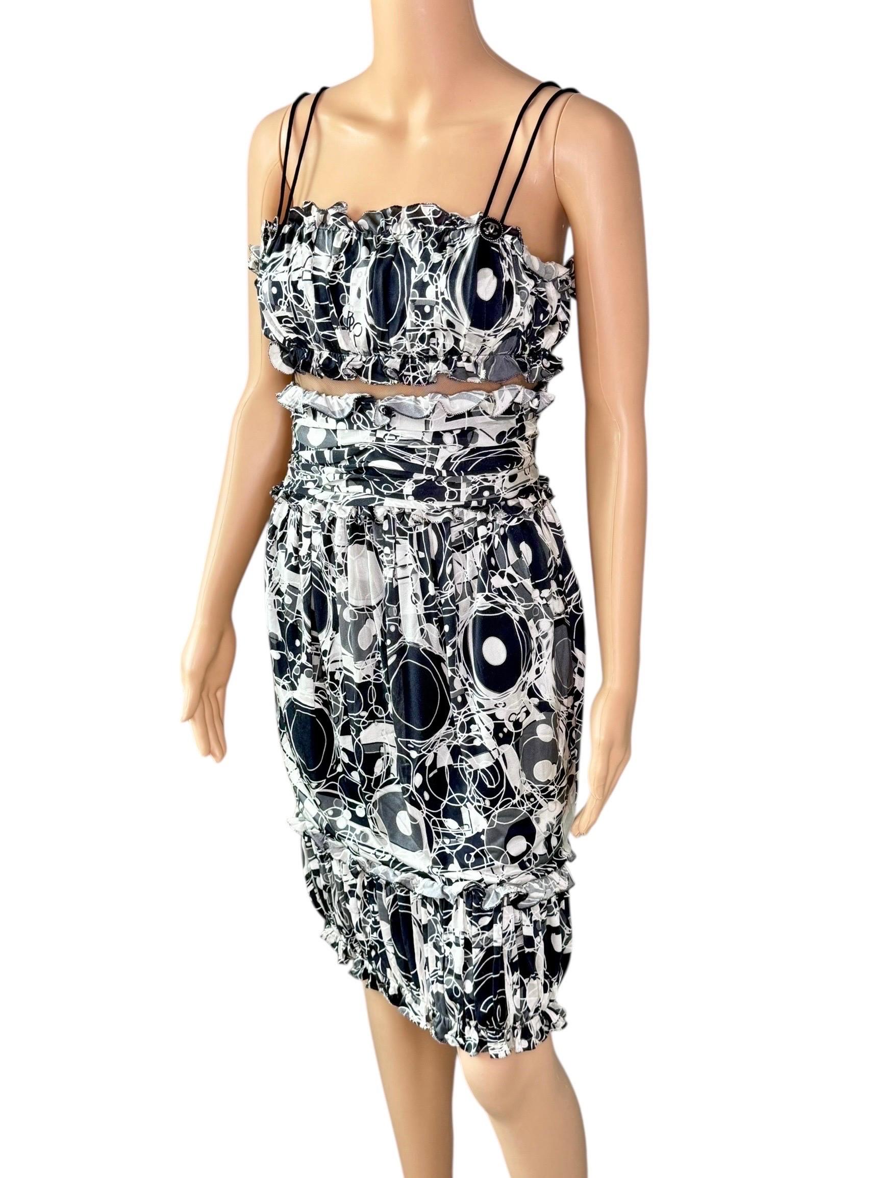 Chanel S/S 2008 CC Logo Monogram Print Cutout Mesh Ruffled Silk Mini Dress en vente 1