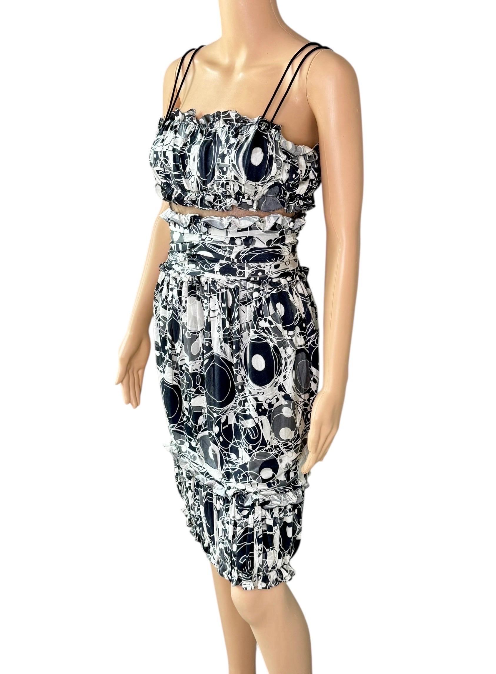 Chanel S/S 2008 CC Logo Monogram Print Cutout Mesh Ruffled Silk Mini Dress en vente 3