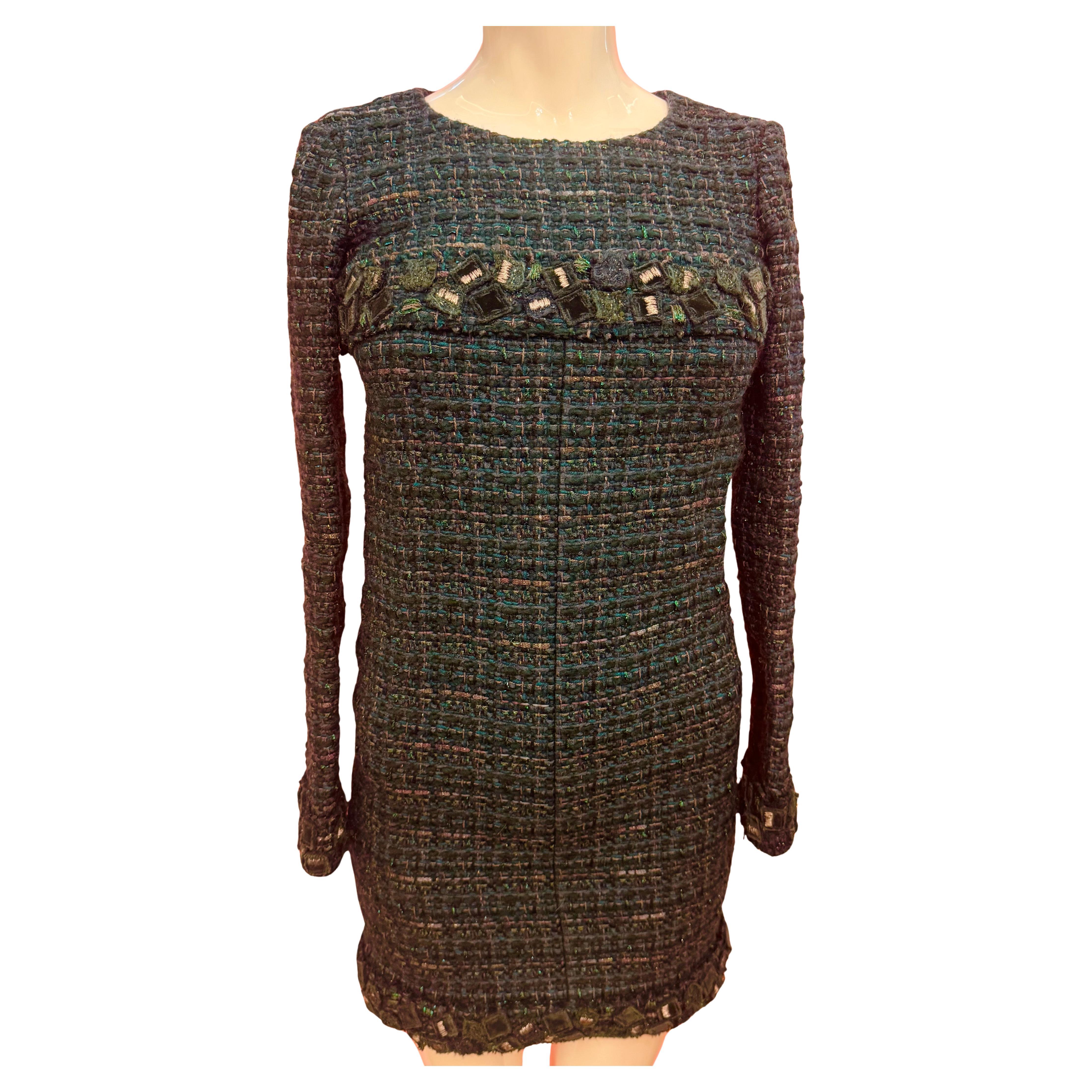 Robe verte en tweed fantaisie S/S 2012 de Chanel par Karl Lagerfeld en vente