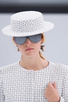Chanel S.S. White 2016 Airline White Black Grid Tweed 16P Boater Hat