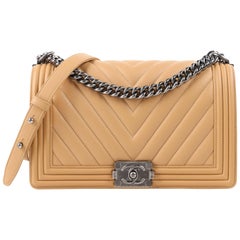 CHANEL S/S 2016 "Chevron Medium Boy" Beige Calfskin Leather Flap Top Purse