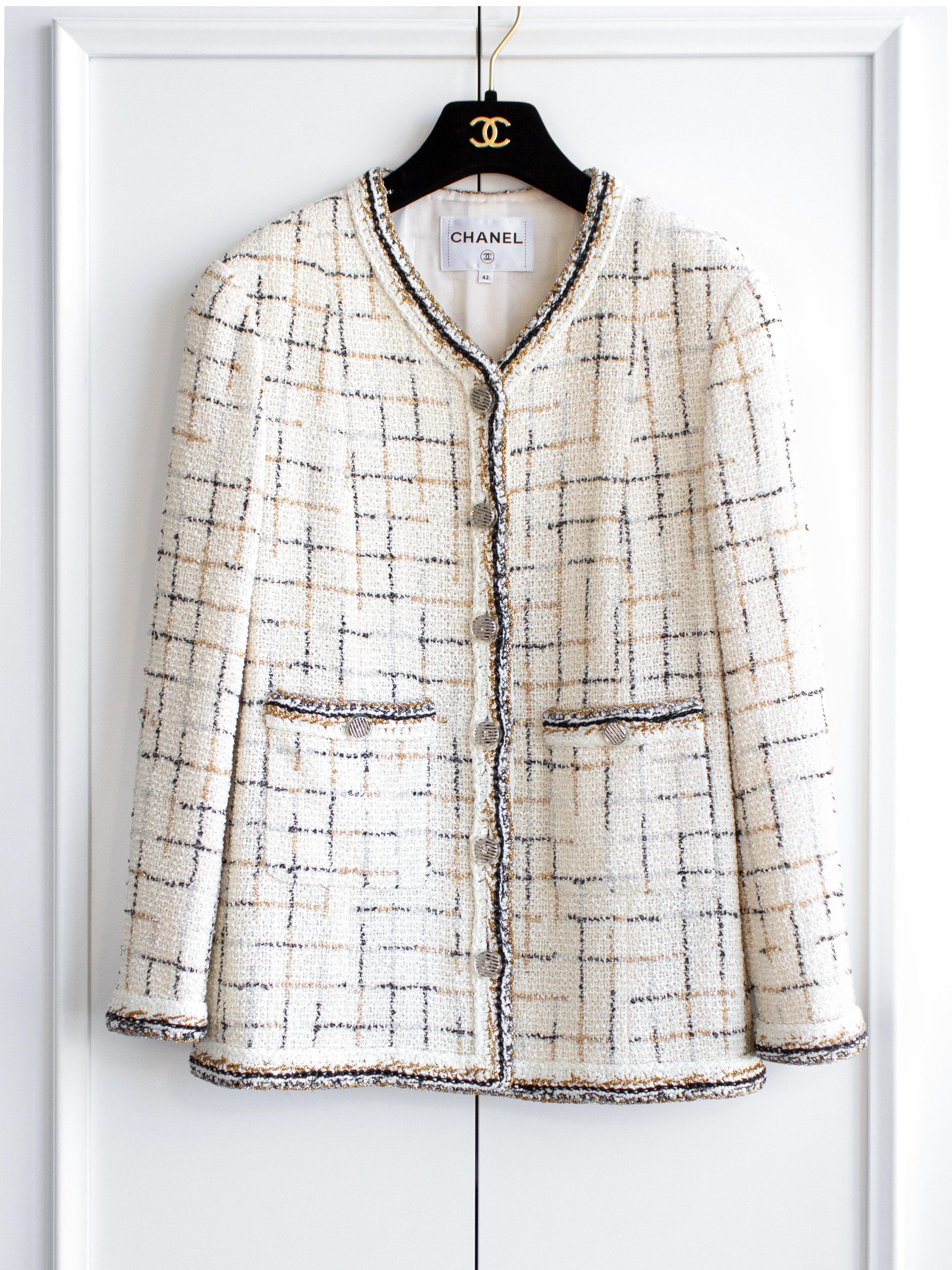  Chanel S/S 2017 Cocobot White Gold Silver Black Fantasy Check Tweed 17S Jacket For Sale 2