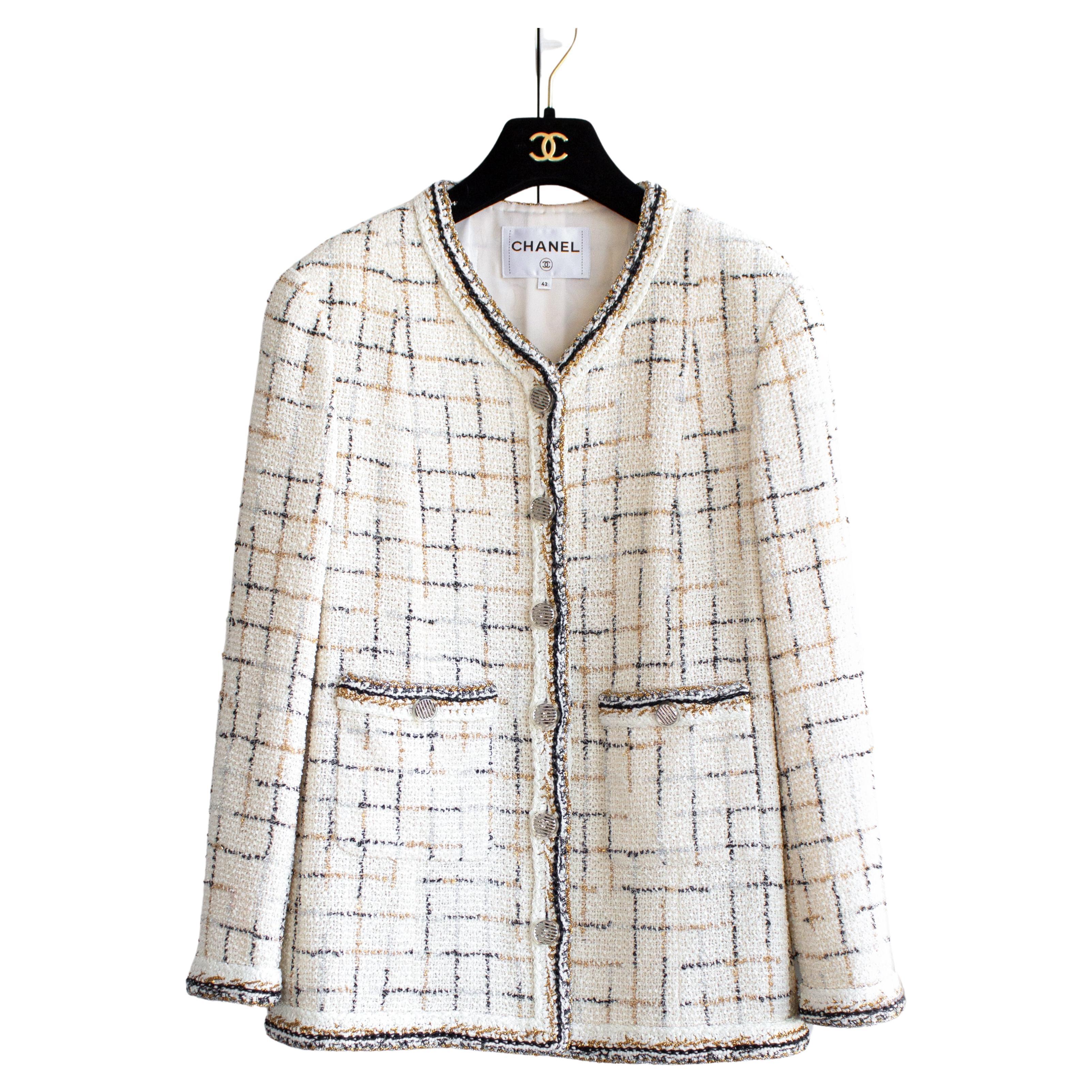  Chanel S/S 2017 Cocobot White Gold Silver Black Fantasy Check Tweed 17S Jacket For Sale