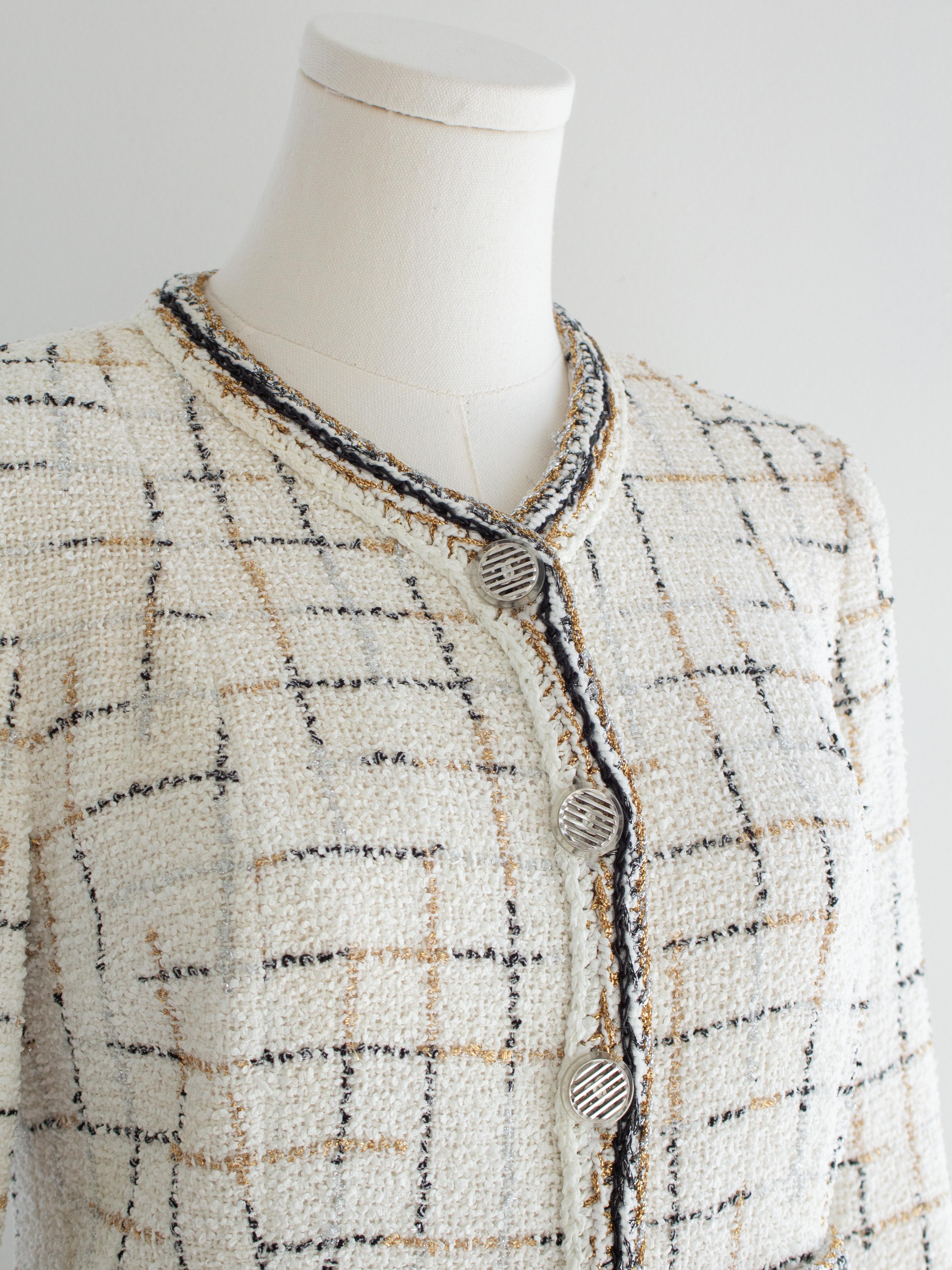 Chanel P/E 2017 Robot Cocobot Oro Bianco Nero Fantasia Tweed 17S Giacca Abito in vendita 2