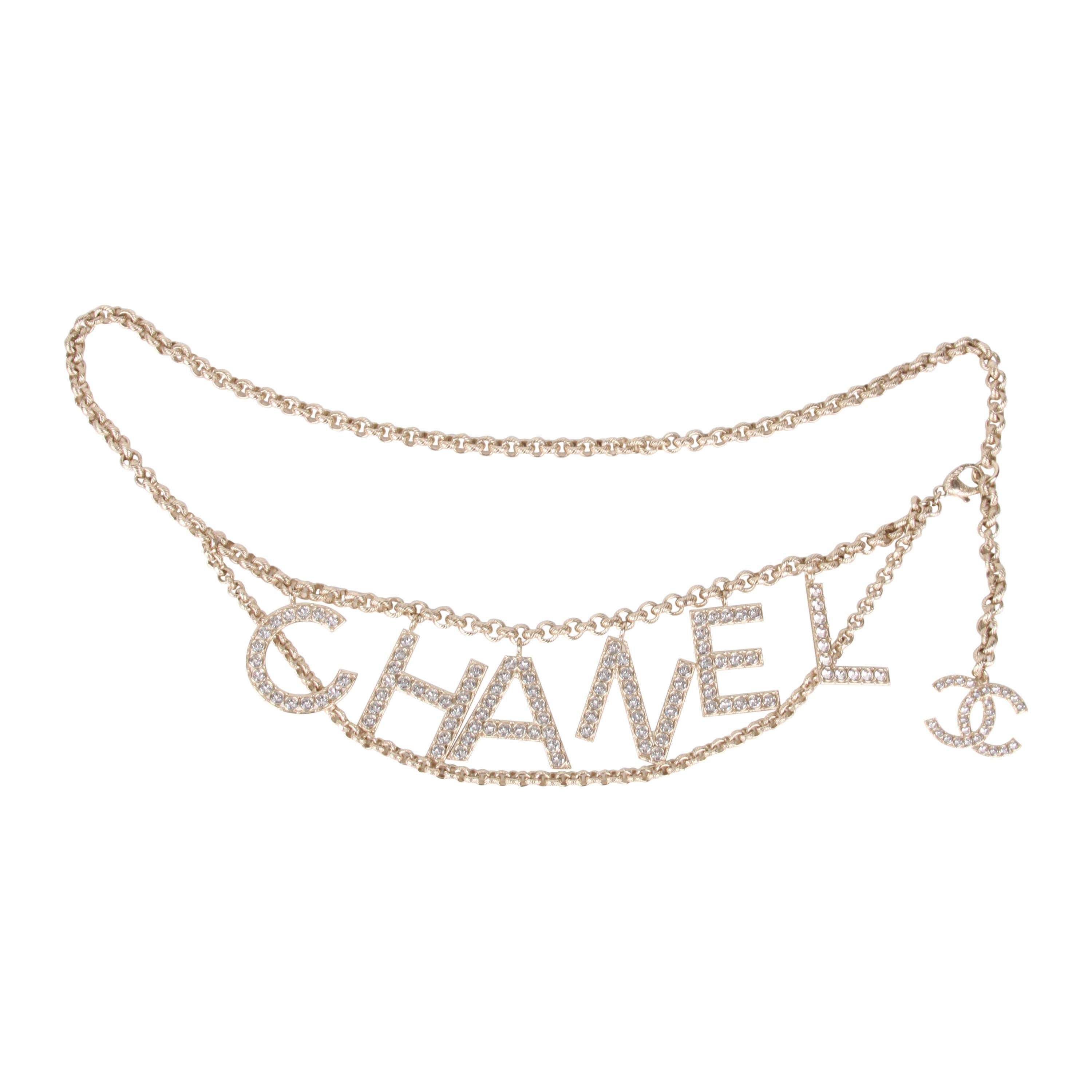 Chanel S/S 2019 Crystal Logo Gold Chain Belt at 1stDibs  chanel chain belt,  chanel waist chain belt, chanel letter belt