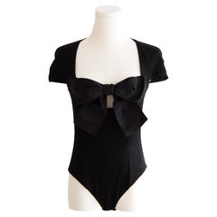 Chanel S/S 2023 Black Satin Bow CC 23S Bodysuit Top