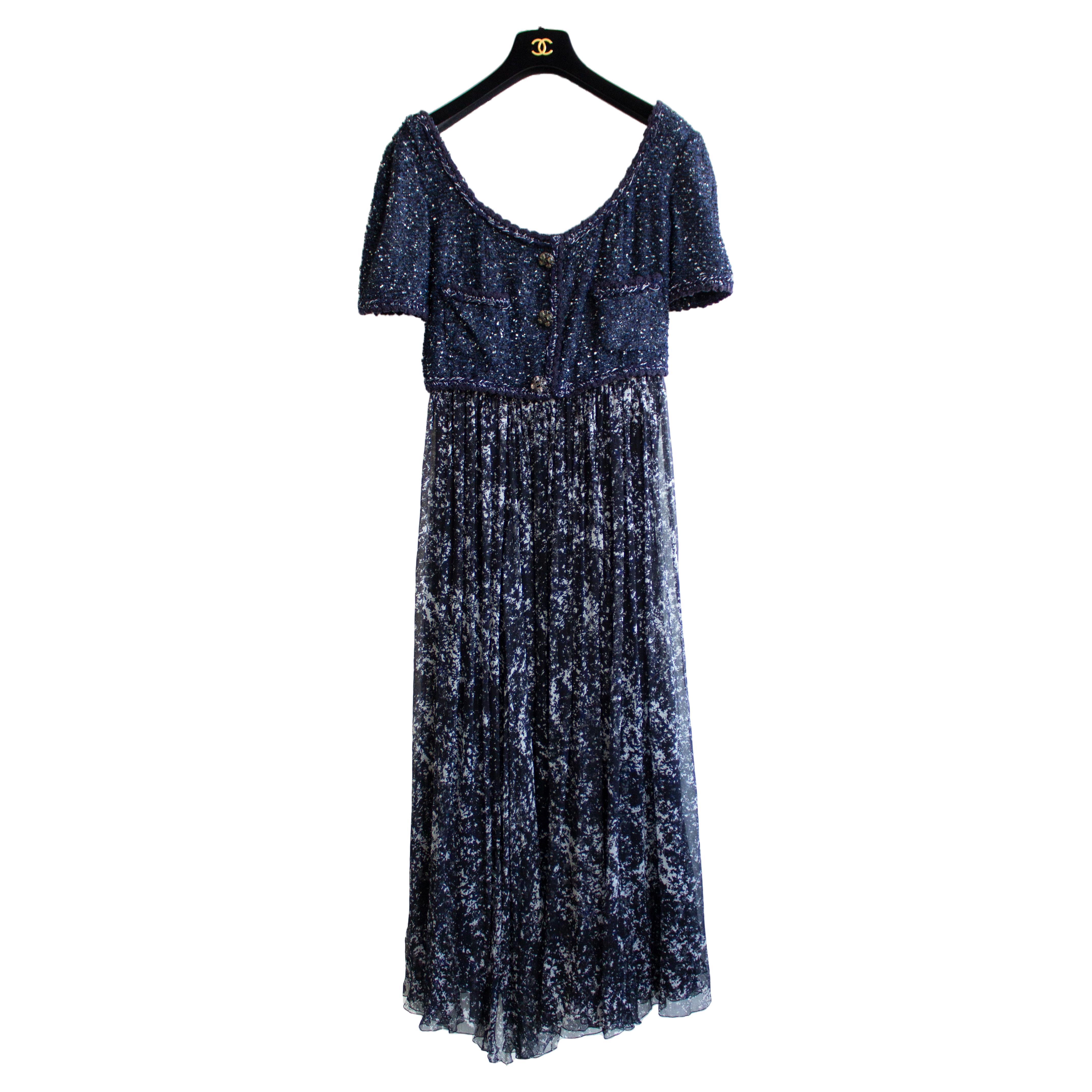 Chanel S/S2012 Starry Night Navy Fantasy Tweed Gripoix 12P Maxi Dress en vente