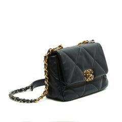 Chanel Sac Cuir Marine 19 Navy Leather Gold Silver HDW 26 cm Shoulder Hand Bag