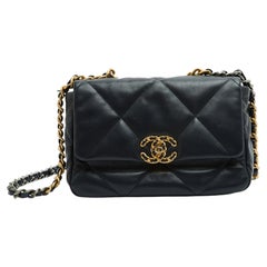 Chanel Sac Cuir Marine 19 Navy Leather Gold Silver HDW 26 cm Shoulder Hand Bag