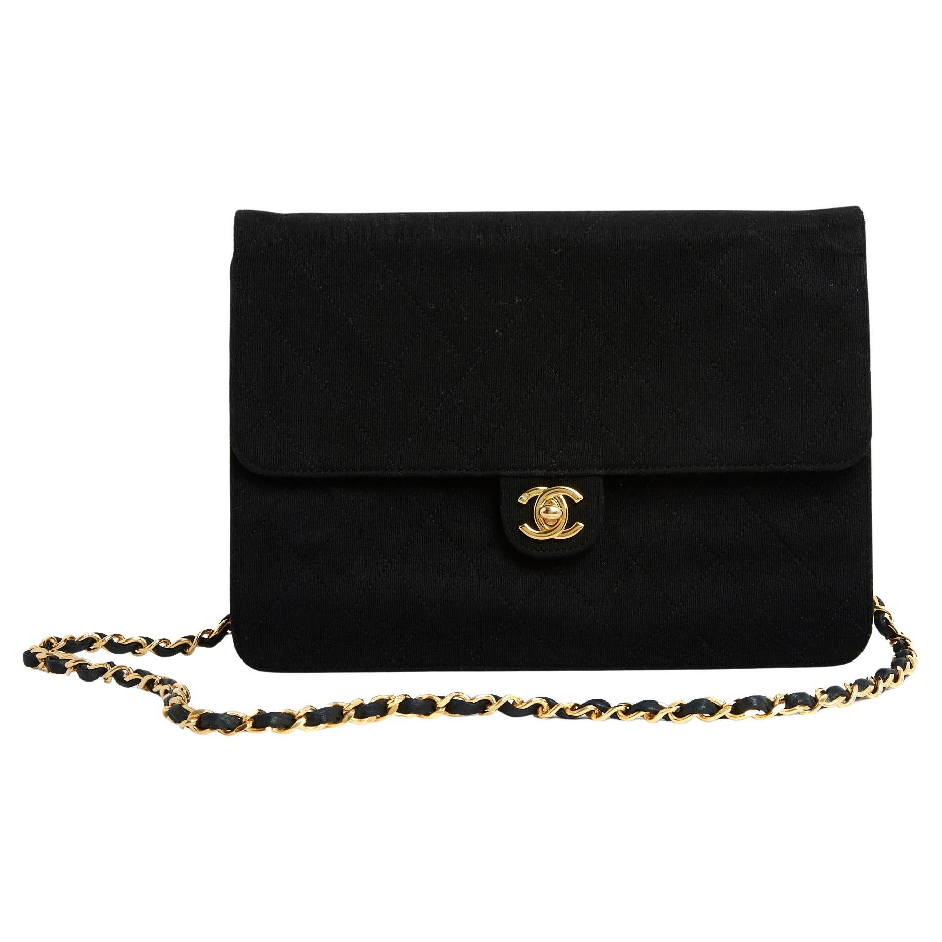 Chanel Sac Pochette 1990s Black Wool Jersey Shoulder Bag Clutch 2 chains For Sale