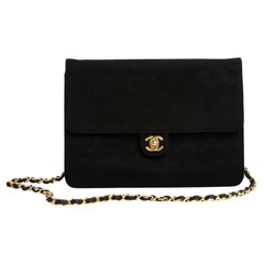Chanel Sac Pochette 1990s Black Wool Jersey Shoulder Bag Clutch 2 chains