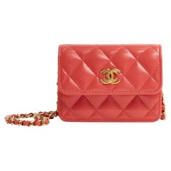 Chanel Sac Pochette Wallet On Chain Coral Pink Leather Golden CC Mini Bag New