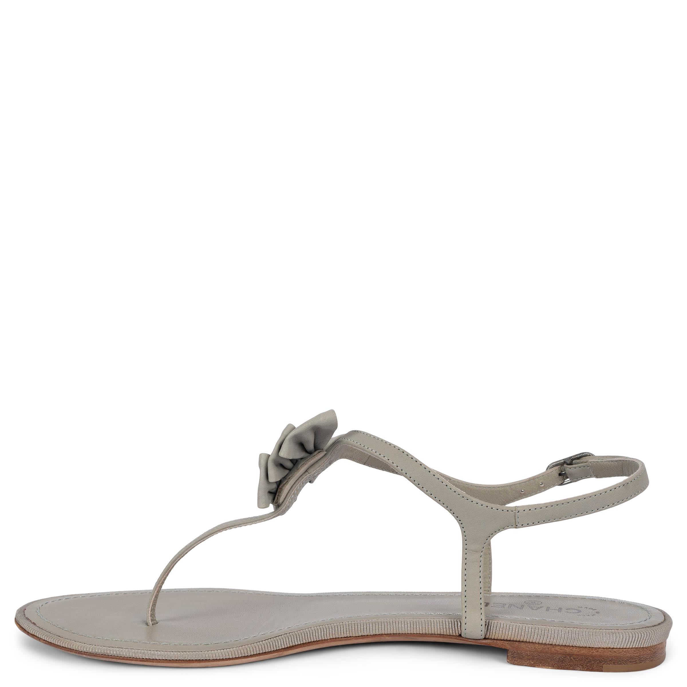 Gray CHANEL sage green leather 2013 13P BOW FLAT THONG Sandals Shoes 37.5