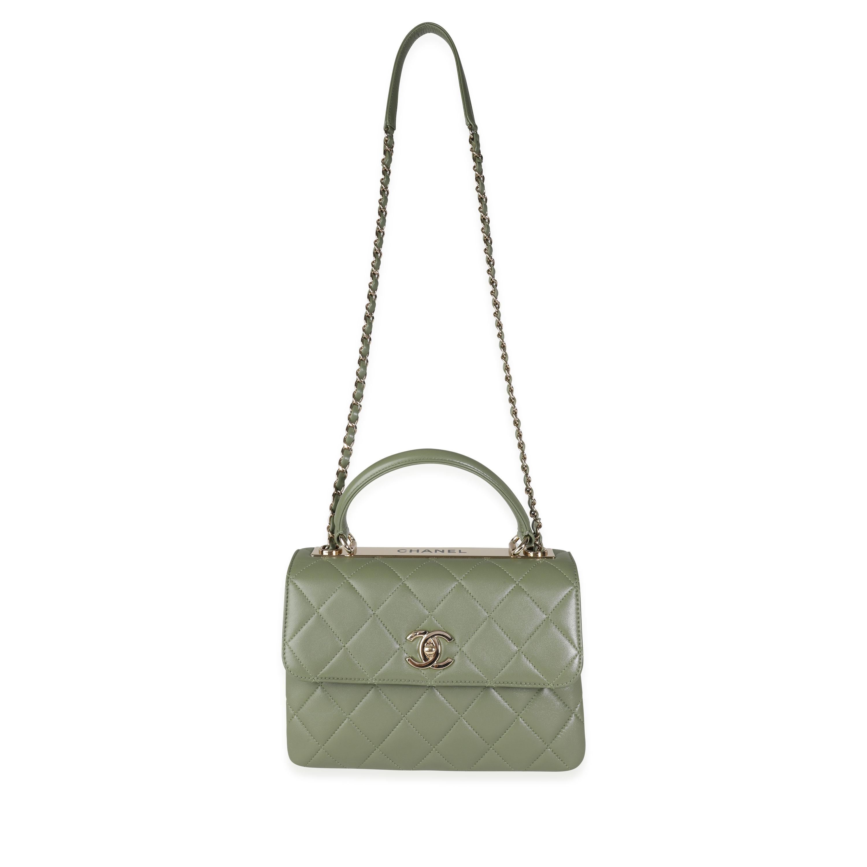 Listing Title: Chanel Sage Quilted Lambskin Trendy Top Handle Bag
SKU: 116197
MSRP: 6100.00
Condition: Pre-owned (3000)
Handbag Condition: Mint
Condition Comments: Mint Condition. Plastic on hardware. No visible signs of wear. Final sale.
Brand: