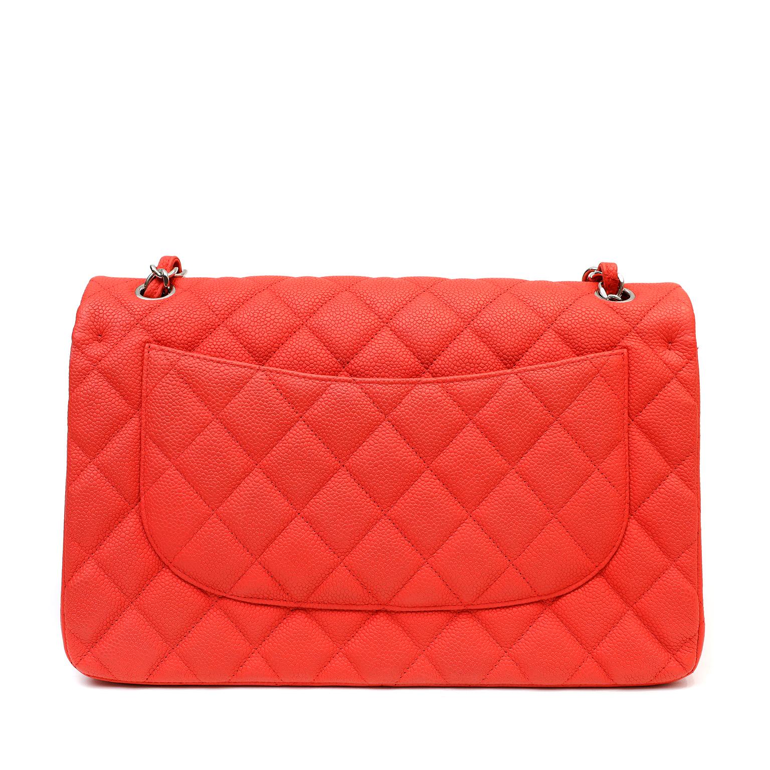 Red Chanel Salmon Brushed Caviar Jumbo Classic Flap Bag For Sale