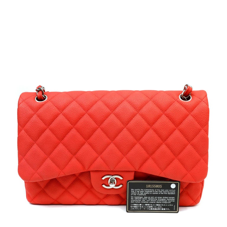 Red Colour Jumbo Flap Bag in Patent Calfskin leather with silver hardware.  Chanel. 2011., Handbags and Accessories Online, Ecommerce Retail