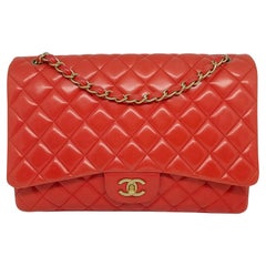 Chanel Salmon Orange Lambskin Quilted Maxi Single Flap Bag