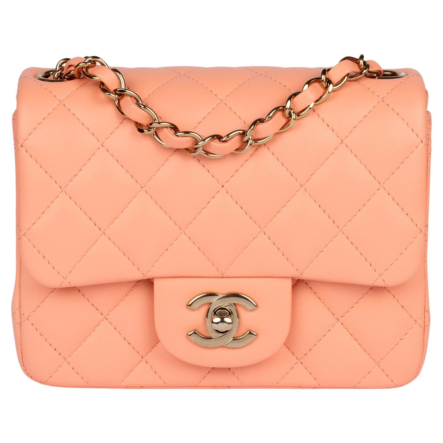 Chanel Salmon Peach Quilted Lambskin Square Mini Flap Bag For Sale