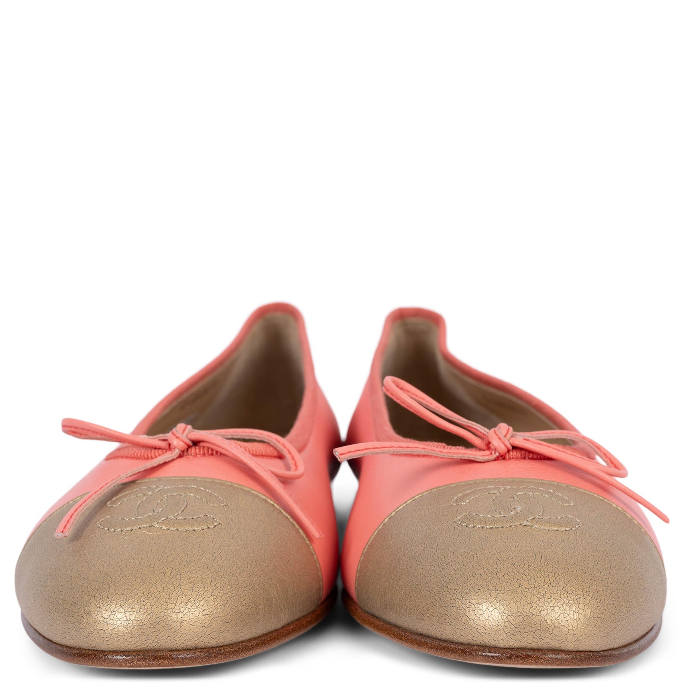100% authentic Chanel classic ballet flats in smooth salmon pink leather featuring grained golden cap toe. Brand new. Come with dust bags. 

Measurements
Model	G02819
Imprinted Size	38.5
Shoe Size	38
Inside Sole	25cm (9.8in)
Width	7.5cm