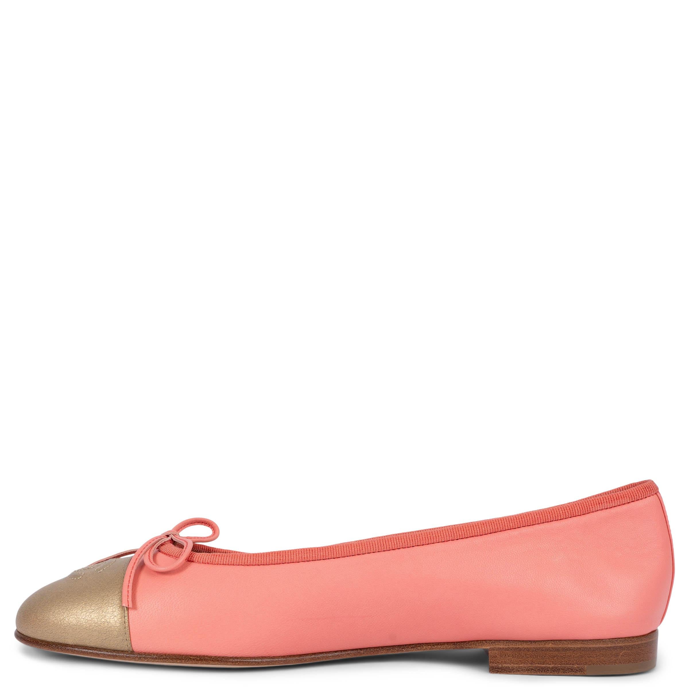 Women's CHANEL salmon pink & gold leather CLASSIC Ballet Flats Shoes 38.5 fit 38