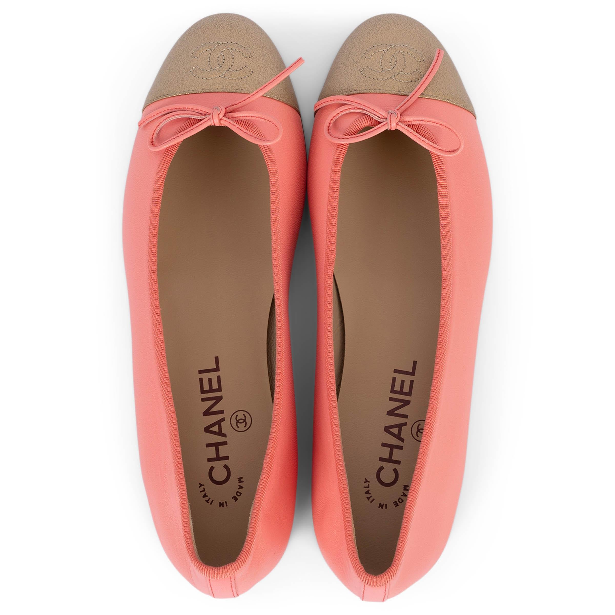 CHANEL salmon pink & gold leather CLASSIC Ballet Flats Shoes 38.5 fit 38 2