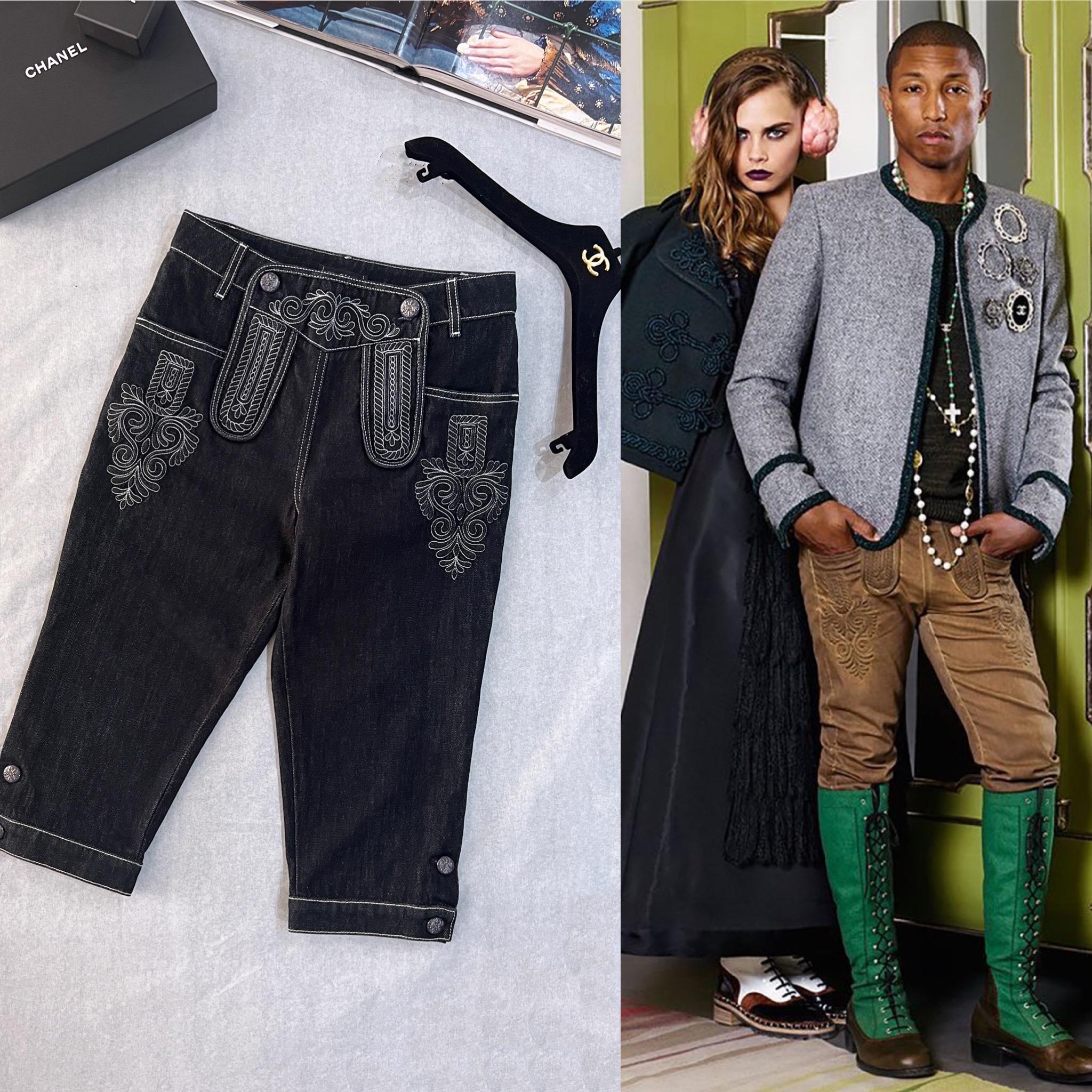New dark navy cropped jeans from Paris / SALZBURG Metiers d'Art Collection, 2015 Pre-Fall. As seen on Pharrell Williams in Ad Campaign, 15A
- made of dark navy denim with embroidered Tyrolean motifs 
- stunning CC logo buttons with eagles
Size mark