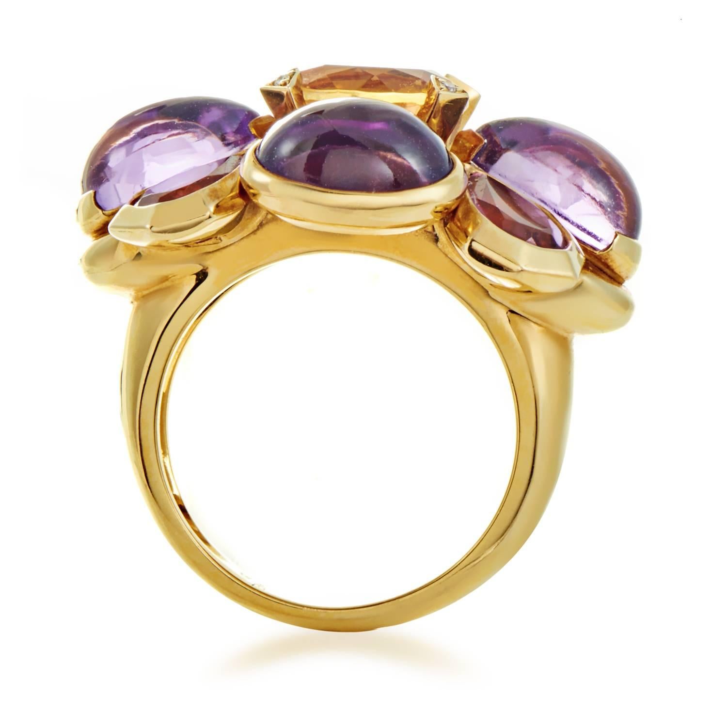 Creating an extraordinary sight that easily catches your eye and captivates your attention with its majestic gem setting, this outstanding 18K yellow gold ring from Chanel is a tasteful show of flamboyance, boasting a stunning central citrine stone