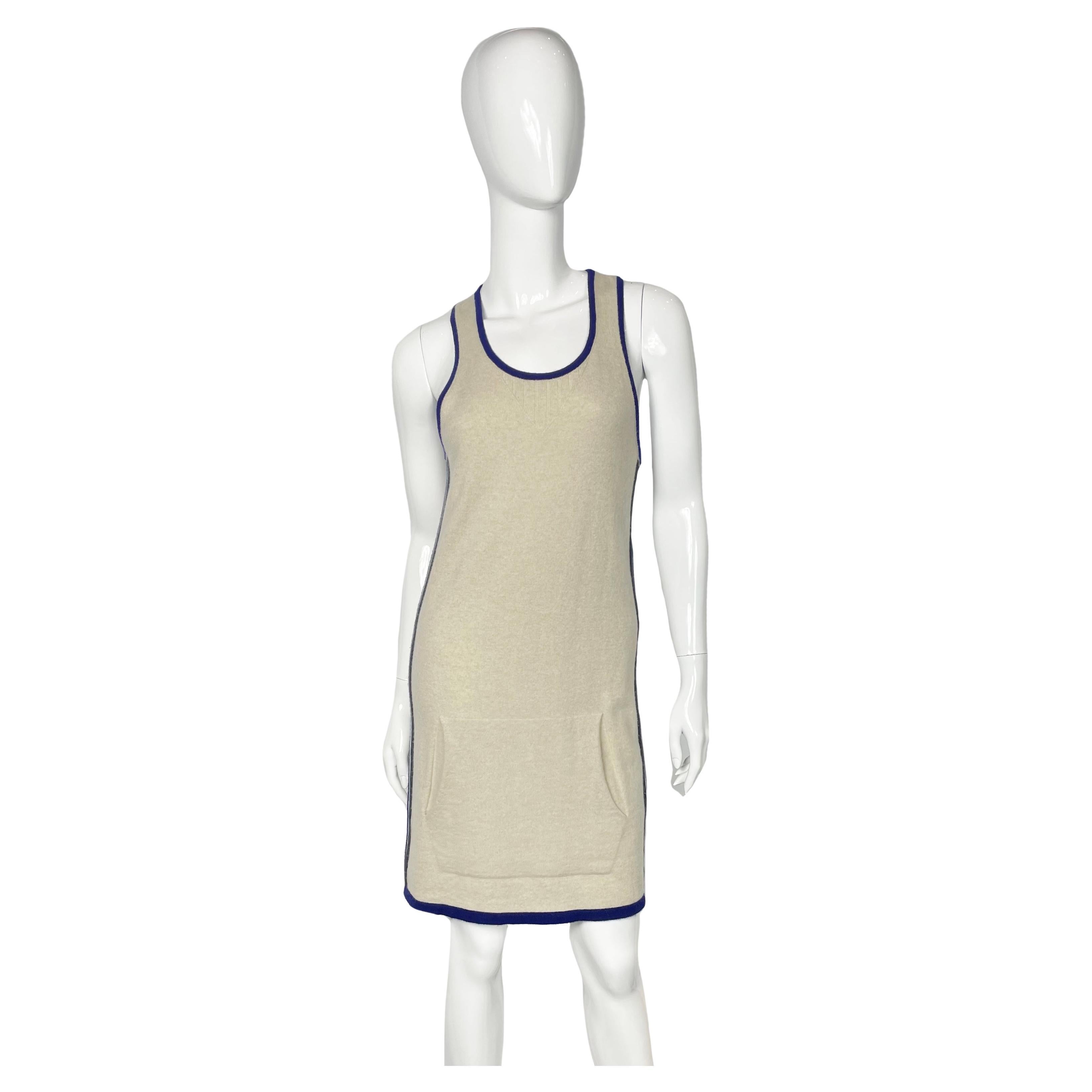 Chanel sand cashmere tank kangaroo pocket dress with blue piping, 2010s For Sale