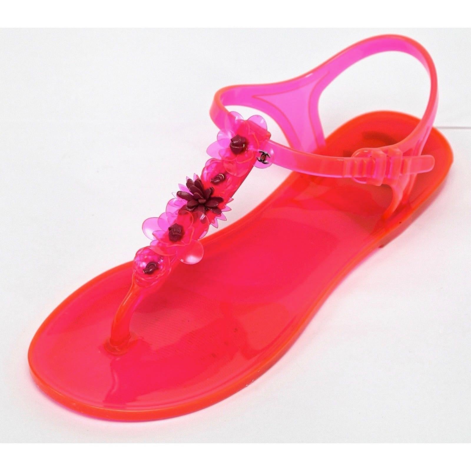 GUARANTEED AUTHENTIC CHANEL CRUISE 2016 PINK CAMELLIA JELLY SANDALS

Retail excluding taxes, $625


Details:
- Pink jelly style thong style sandal, camellia flowers in rubber and leather.
- Ankle strap closure.
- Rubber insole and sole.
- Comes with