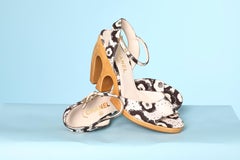 Chanel sandal with printed fabric and carved wood heels