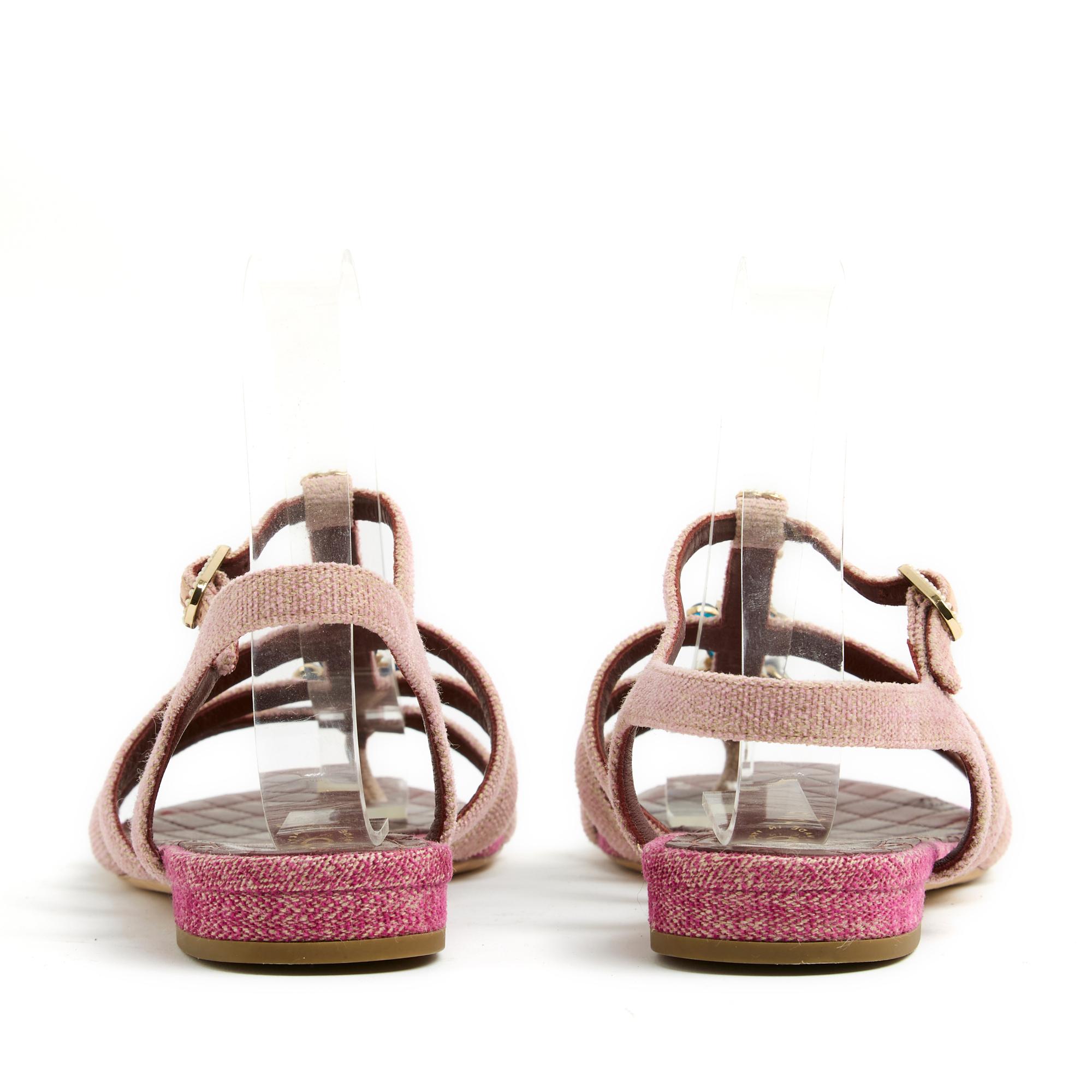 Chanel Sandales FR38 Pink Tweed Jewelled Flats Sandals US8 For Sale 1