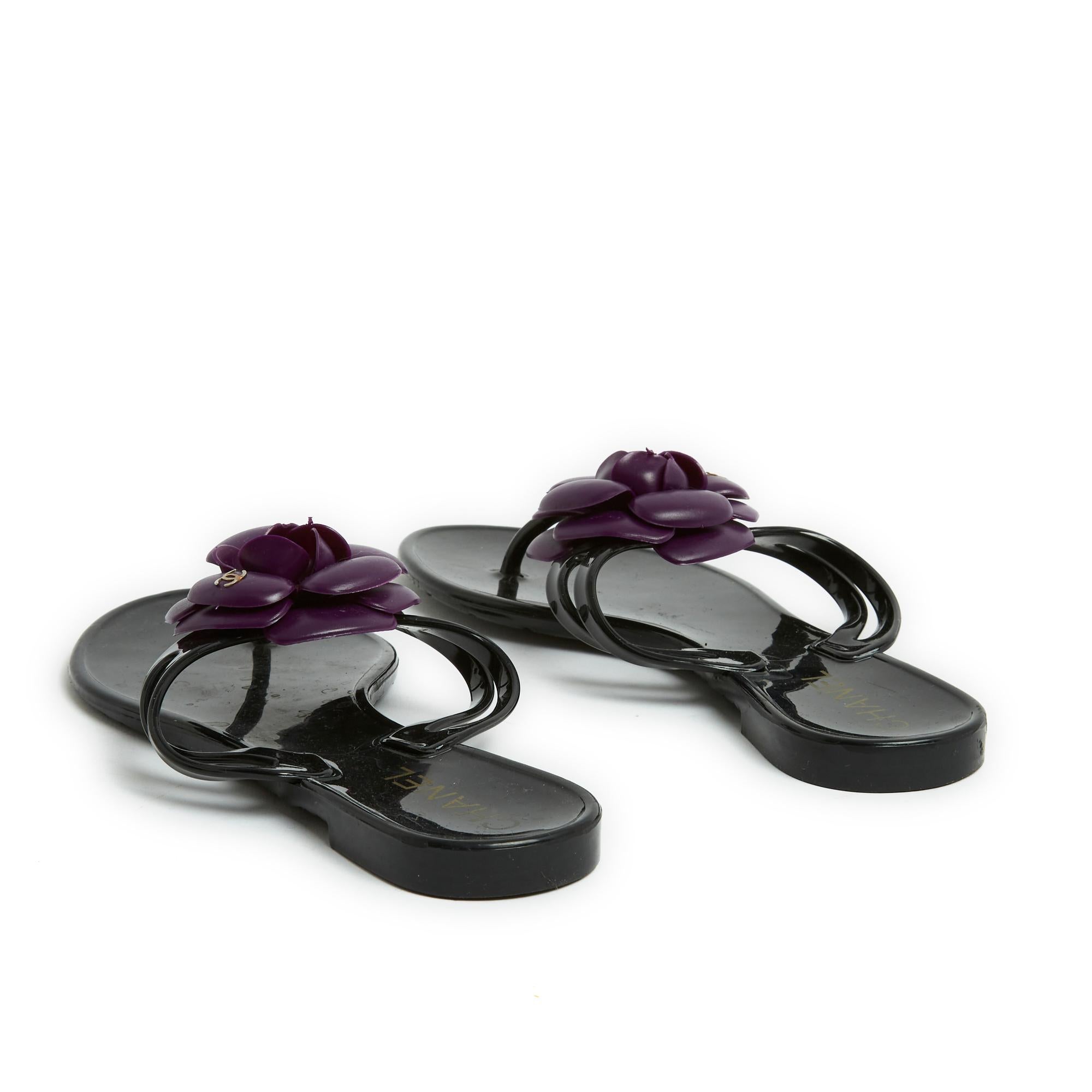 Women's Chanel Sandales Mules Tongs Camelia Black Purple Flats Flip Flops UK3.5 US6 For Sale