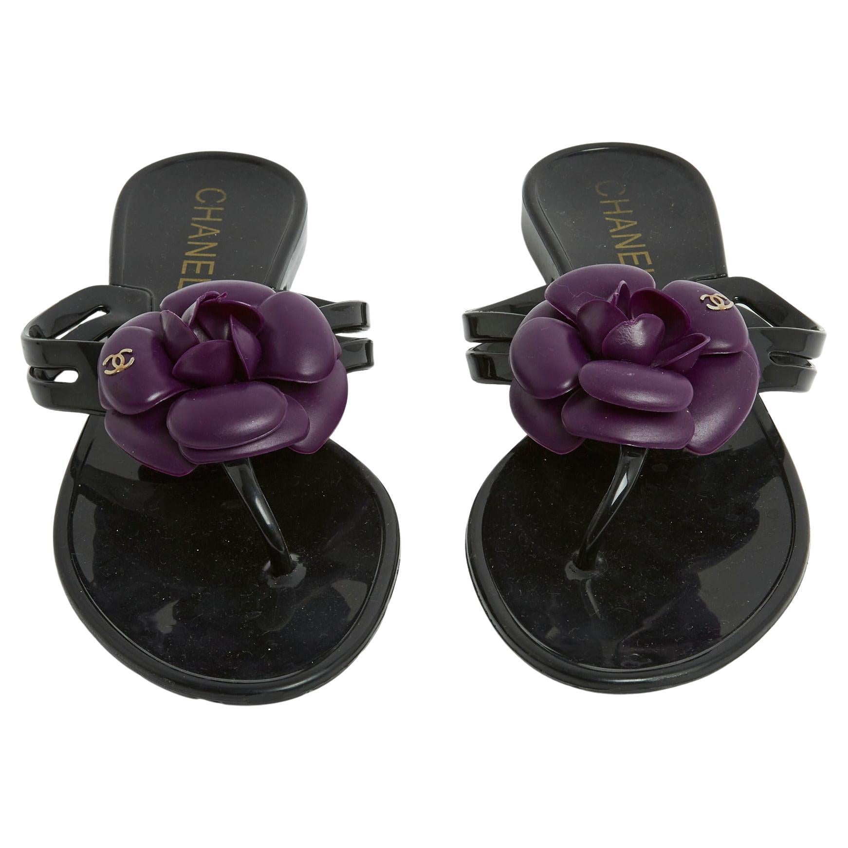 Chanel Sandales Mules Tongs Camelia Black Purple Flats Flip Flops UK3.5 US6 For Sale