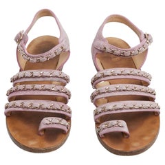 Chanel Sandales Timeless FR37 Pink Suede Golden Chains Flats Sandals UK4 US6.5
