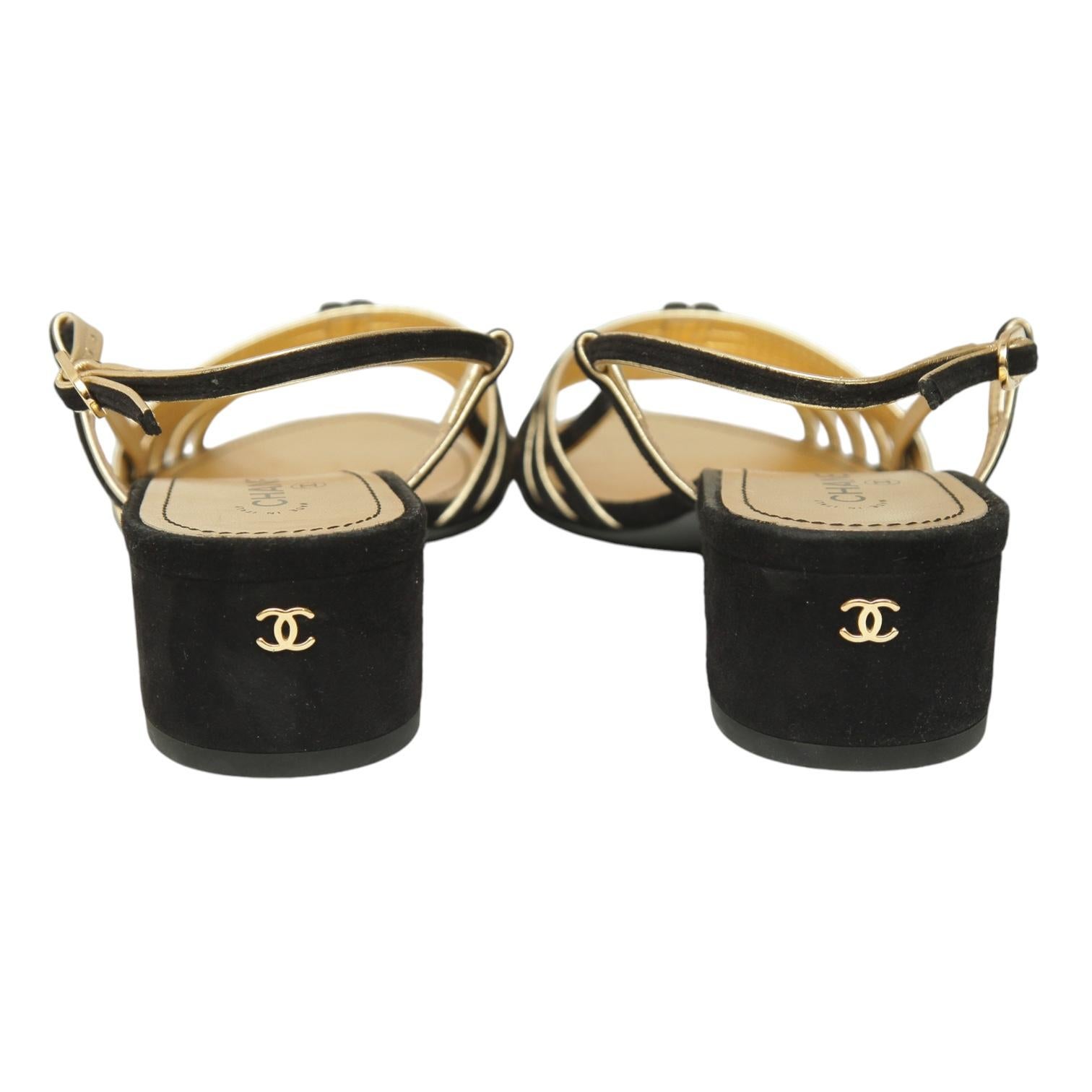 CHANEL Sandals Black Suede Gold Leather Strappy Slingbacks CC Heels Sz 38 2021 5