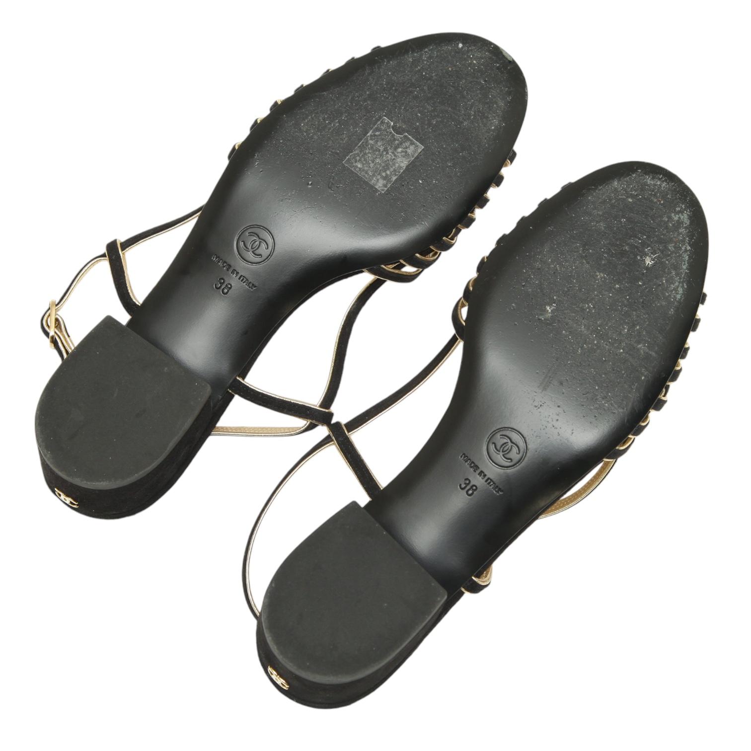 CHANEL Sandals Black Suede Gold Leather Strappy Slingbacks CC Heels Sz 38 2021 6