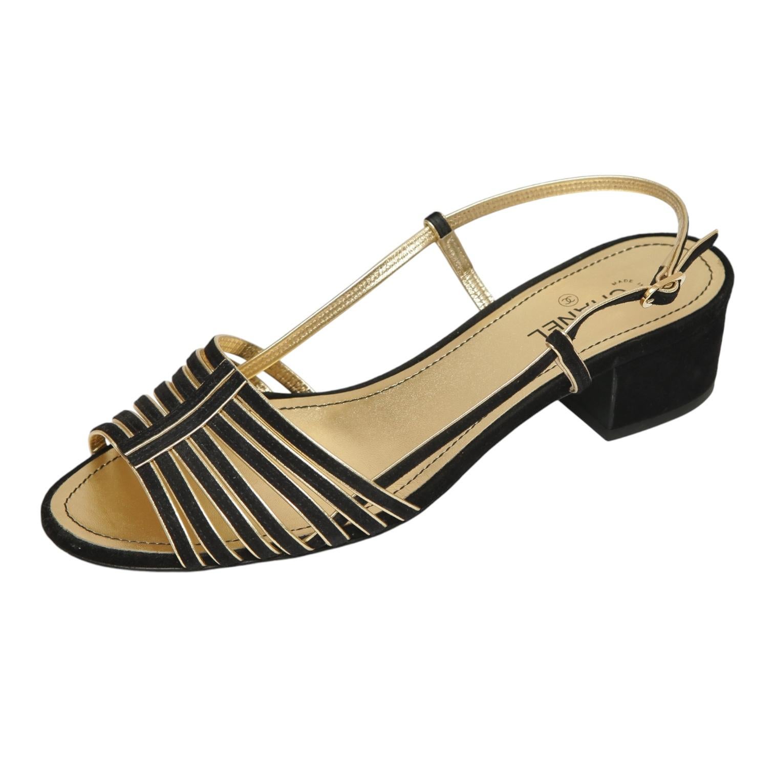Beige CHANEL Sandals Black Suede Gold Leather Strappy Slingbacks CC Heels Sz 38 2021