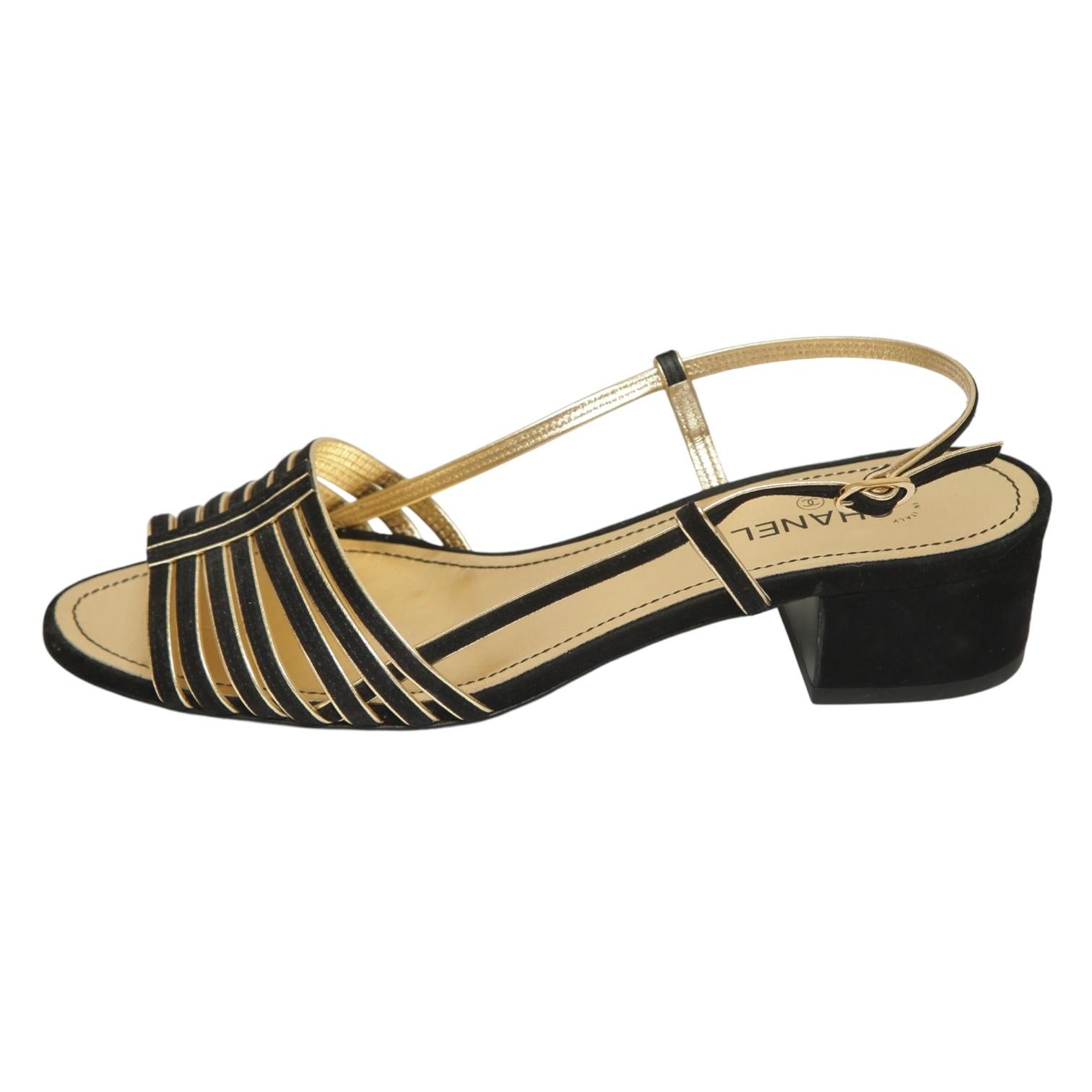 CHANEL Sandals Black Suede Gold Leather Strappy Slingbacks CC Heels Sz 38 2021 In Good Condition In Hollywood, FL