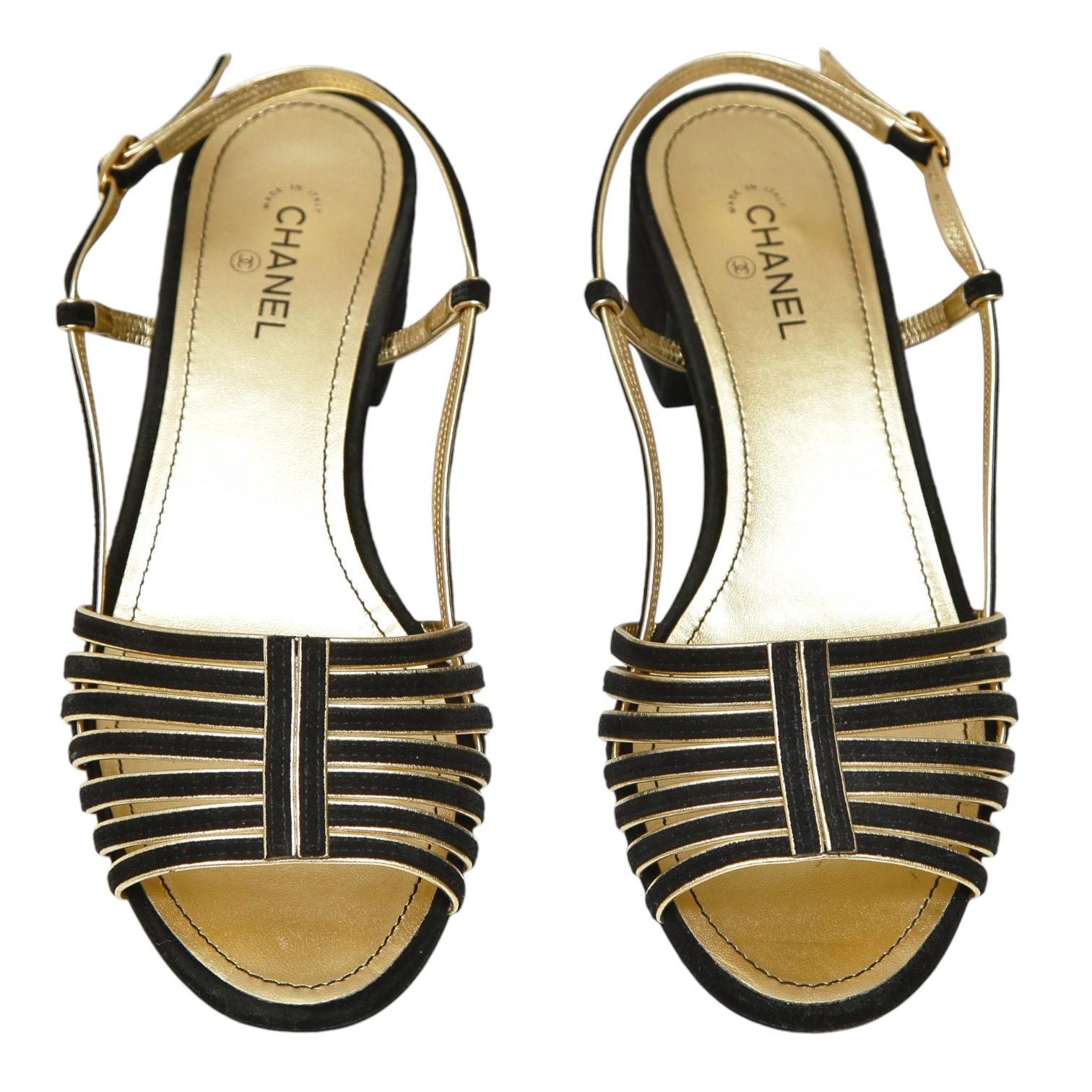 Women's CHANEL Sandals Black Suede Gold Leather Strappy Slingbacks CC Heels Sz 38 2021
