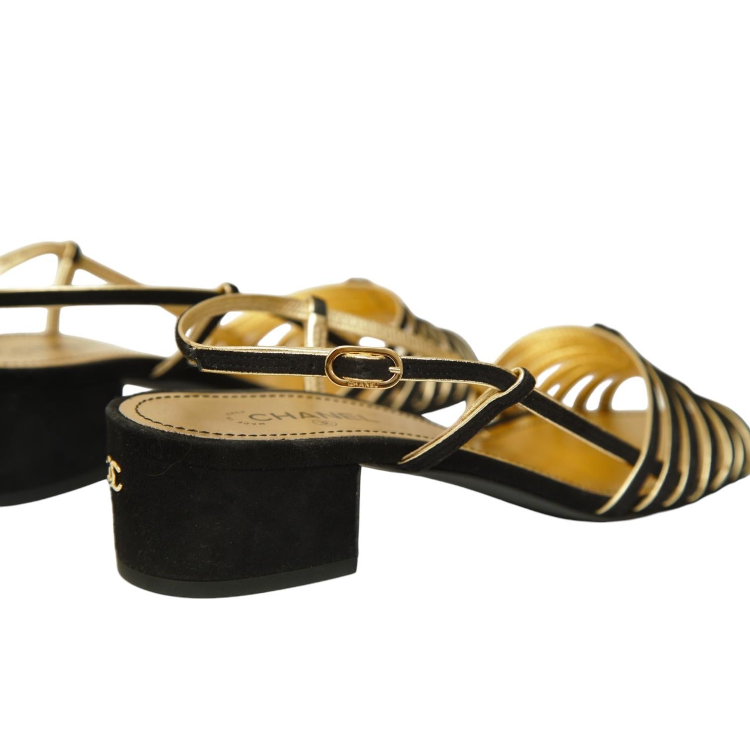 CHANEL Sandals Black Suede Gold Leather Strappy Slingbacks CC Heels Sz 38 2021 3