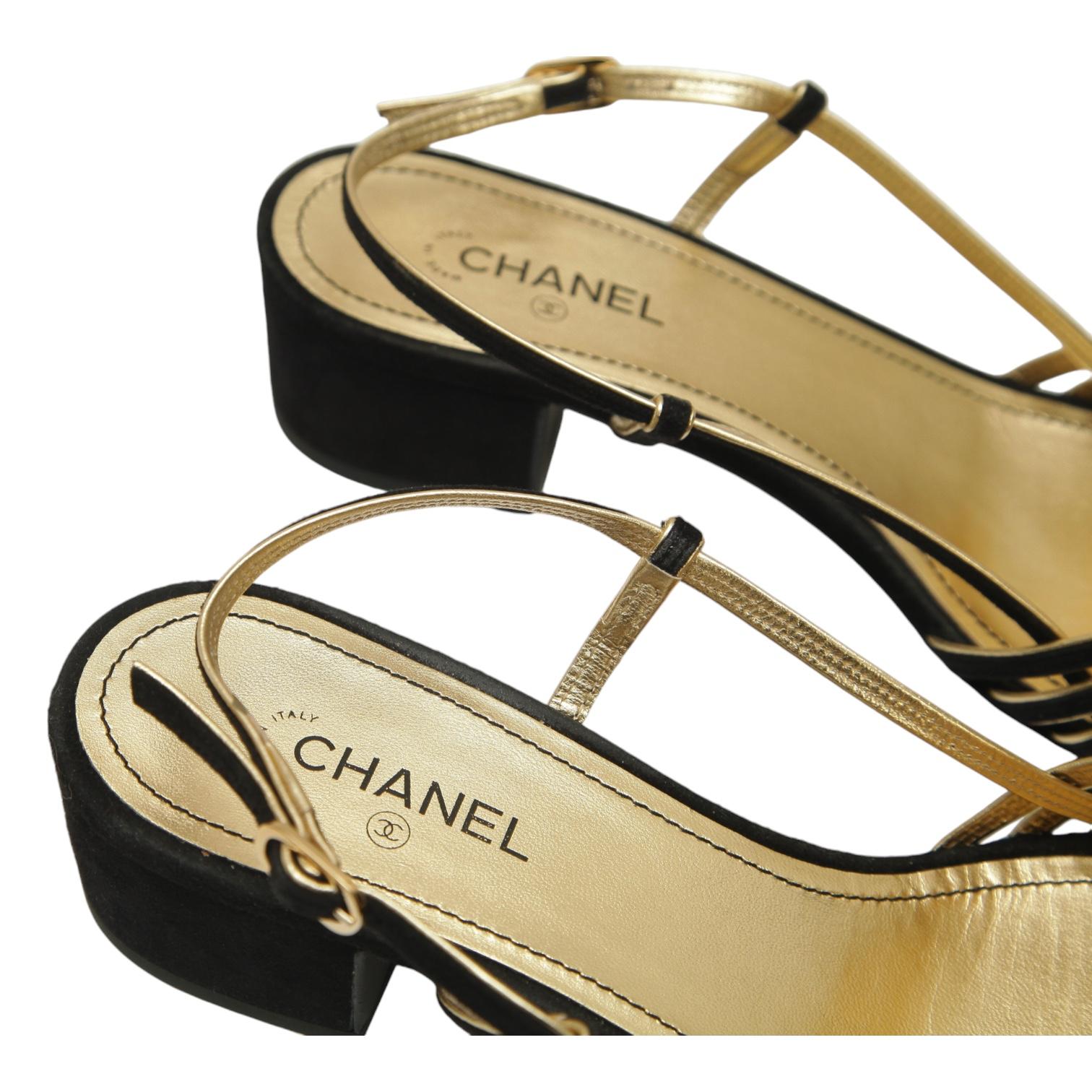 CHANEL Sandals Black Suede Gold Leather Strappy Slingbacks CC Heels Sz 38 2021 4