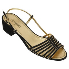 CHANEL Sandals Black Suede Gold Leather Strappy Slingbacks CC Heels Sz 38 2021