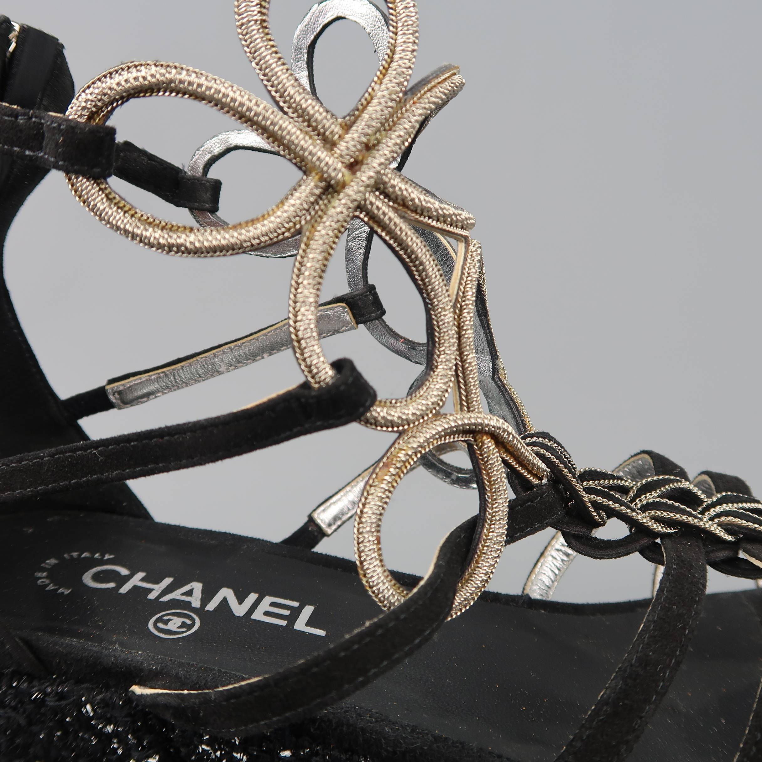 Women's Chanel Size 10 Black Suede and Metal Gladiator Platform Wedge Pump Sandals 