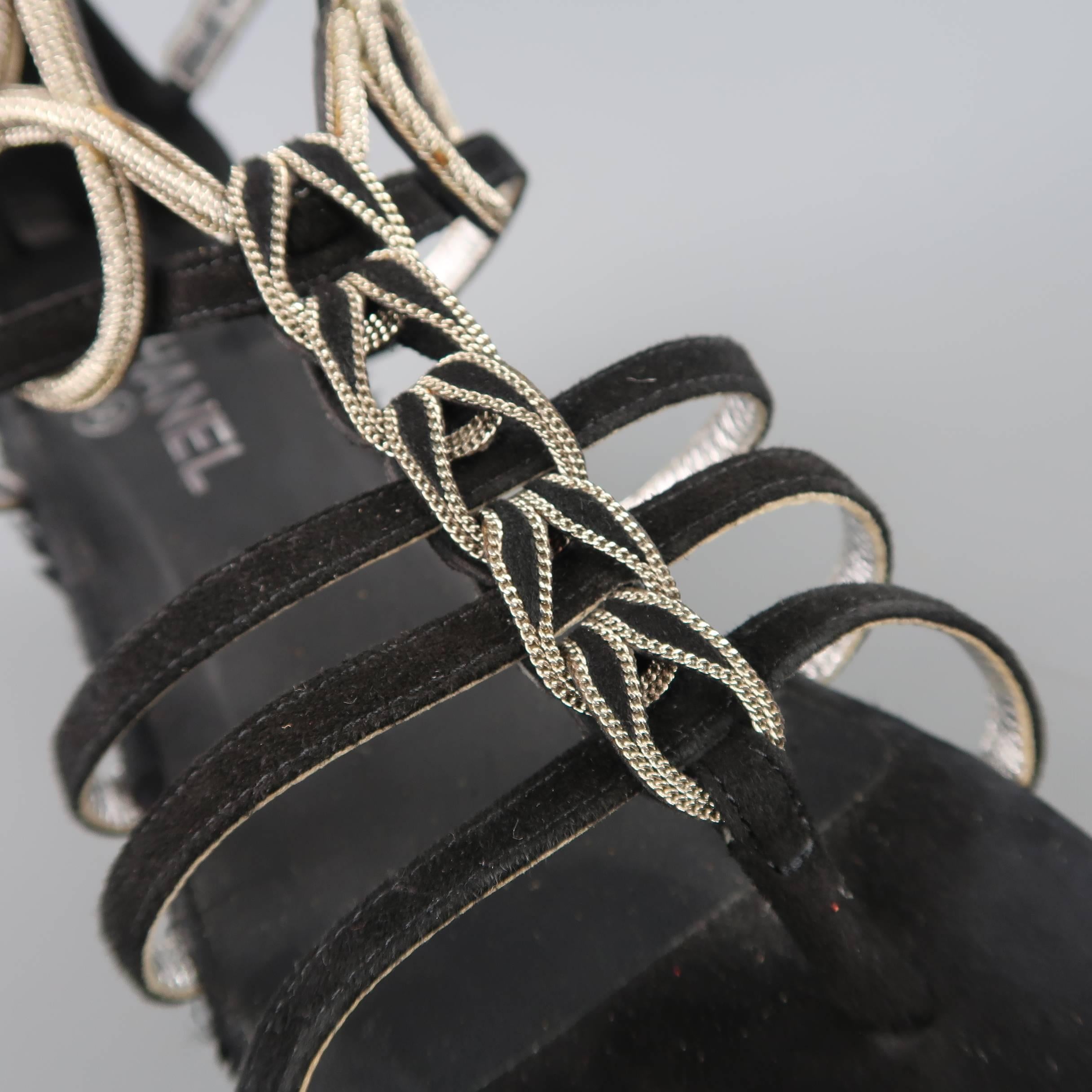 Chanel Size 10 Black Suede and Metal Gladiator Platform Wedge Pump Sandals  1