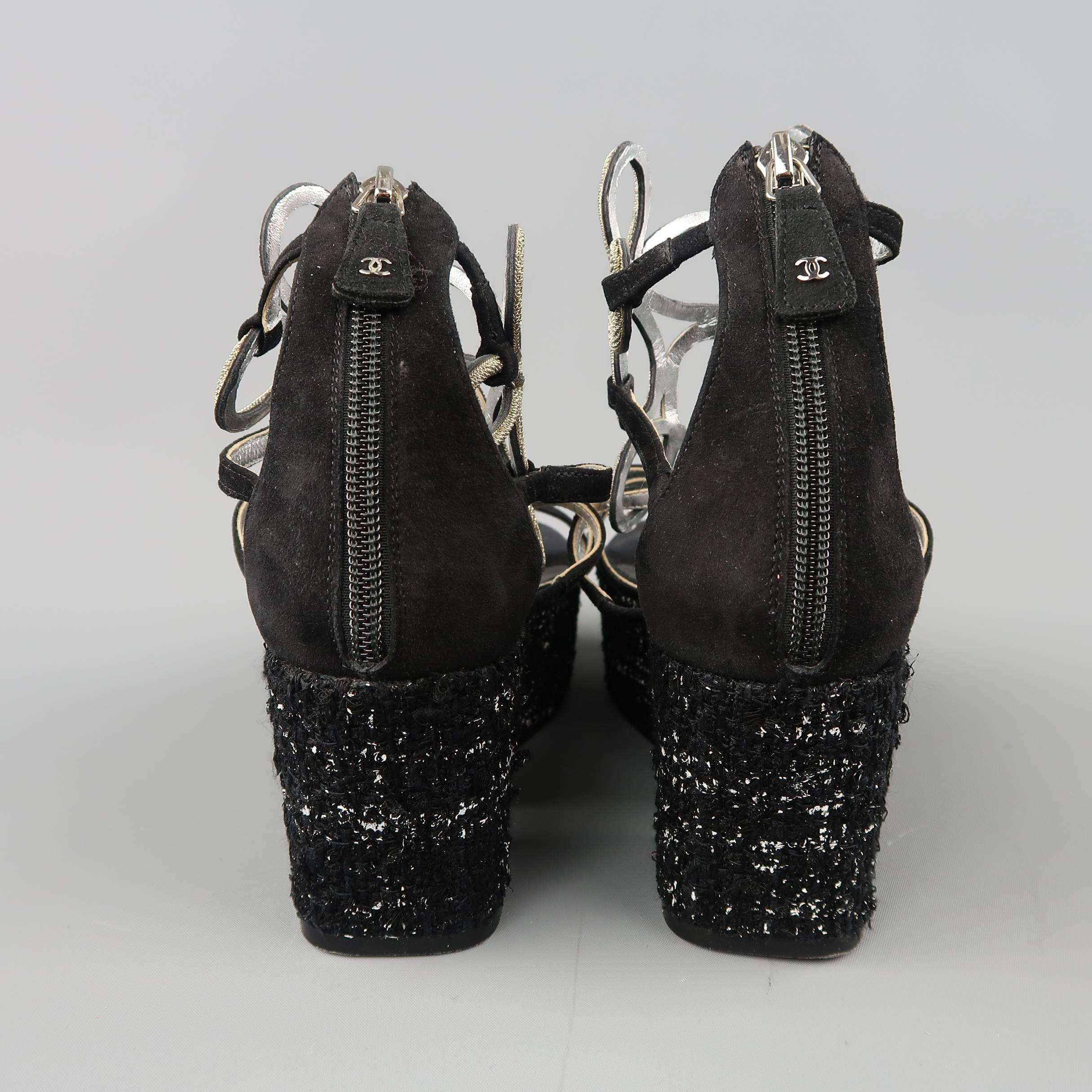 Chanel Size 10 Black Suede and Metal Gladiator Platform Wedge Pump Sandals  2